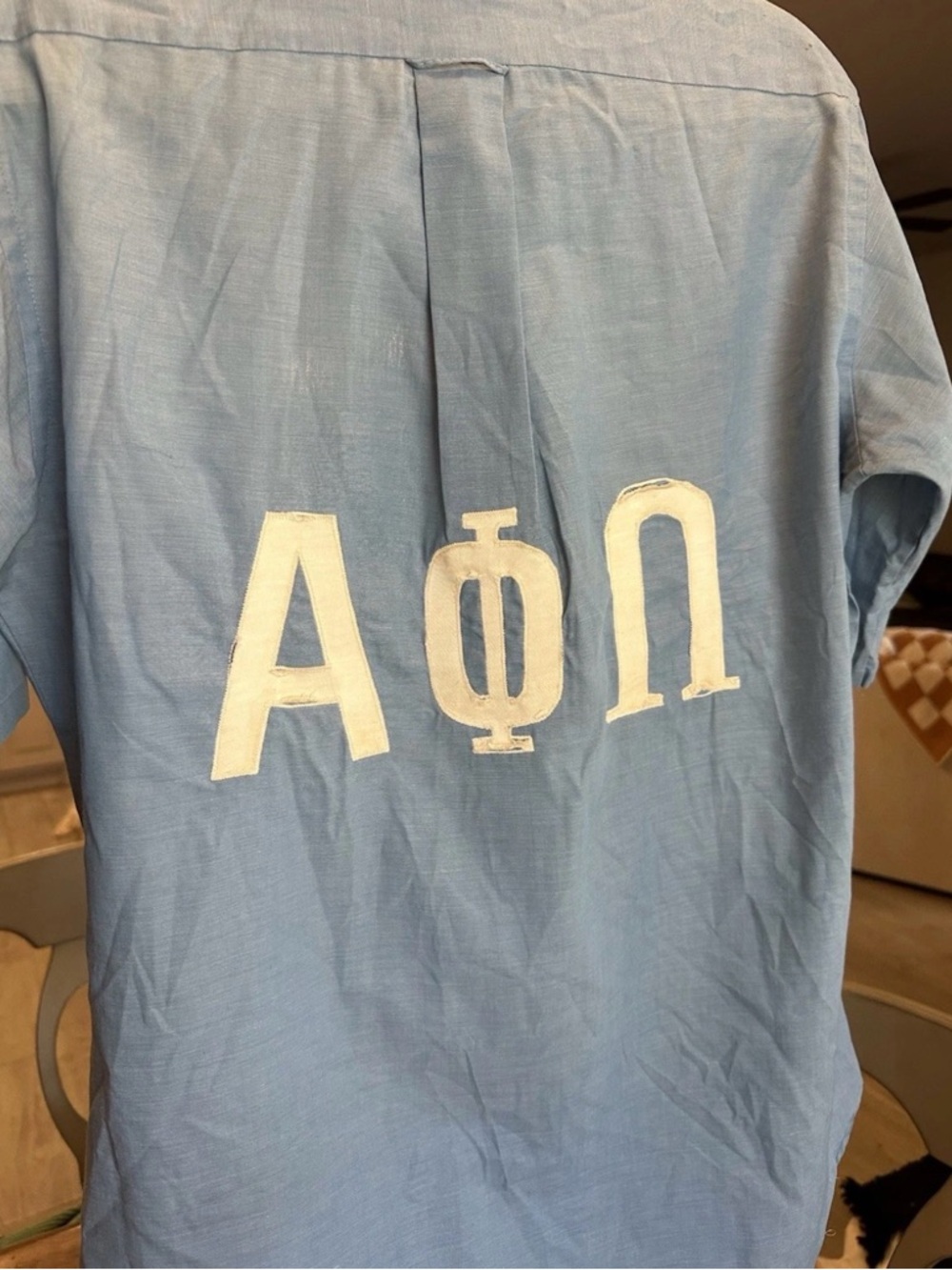70s Sears Kings Road Light Blue Short Sleeve Shirt with White Greek Letters